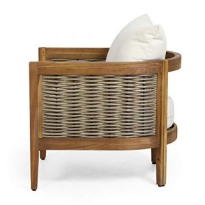 Burchett Outdoor Club Chair with Cushion – Acacia Wood and Wicker